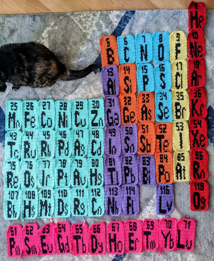 Halfway Done Element Squares For Periodic Table Blanket! Cat For Scale As Per The Law
