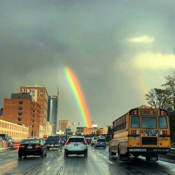My Girlfriend Took This Yesterday In Boston. Brightest Rainbow I've Ever Seen