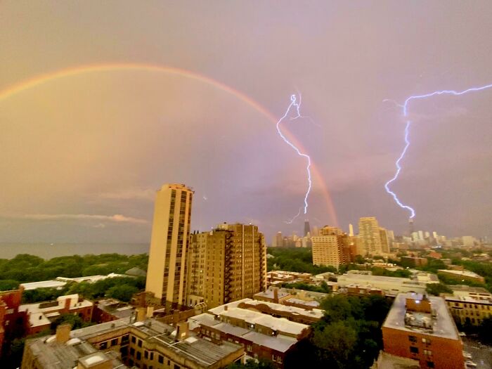 I Was Able To Capture The Hancock & Sears (Willis) Tower Being Struck By Lightning Simultaneously Along With A Full Rainbow