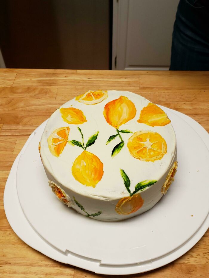 I Just Joined This Sub And Have Been Scrolling Through Everyone's Beautiful Treats, I Wanted To Share This Lemon Cake I Made A Few Months Ago- Im An Artist So I Used A Palette Knife To Paint The Lemons With Buttercream And Food Colouring Gel