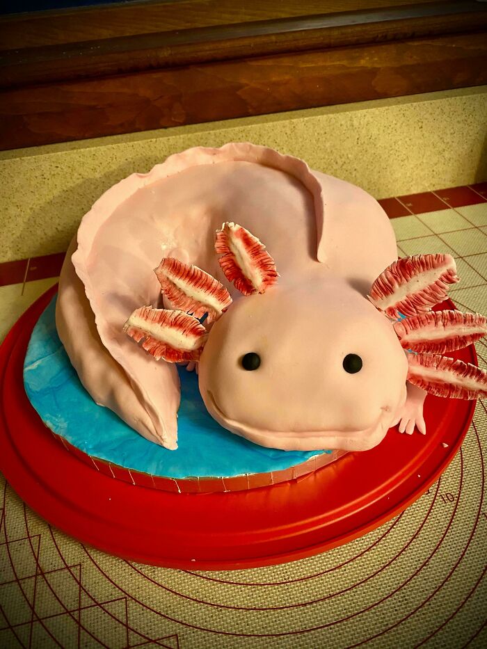 My Daughter Asked Me To Make Her A Cake Shaped Like An Axolotl For Her 9th Birthday