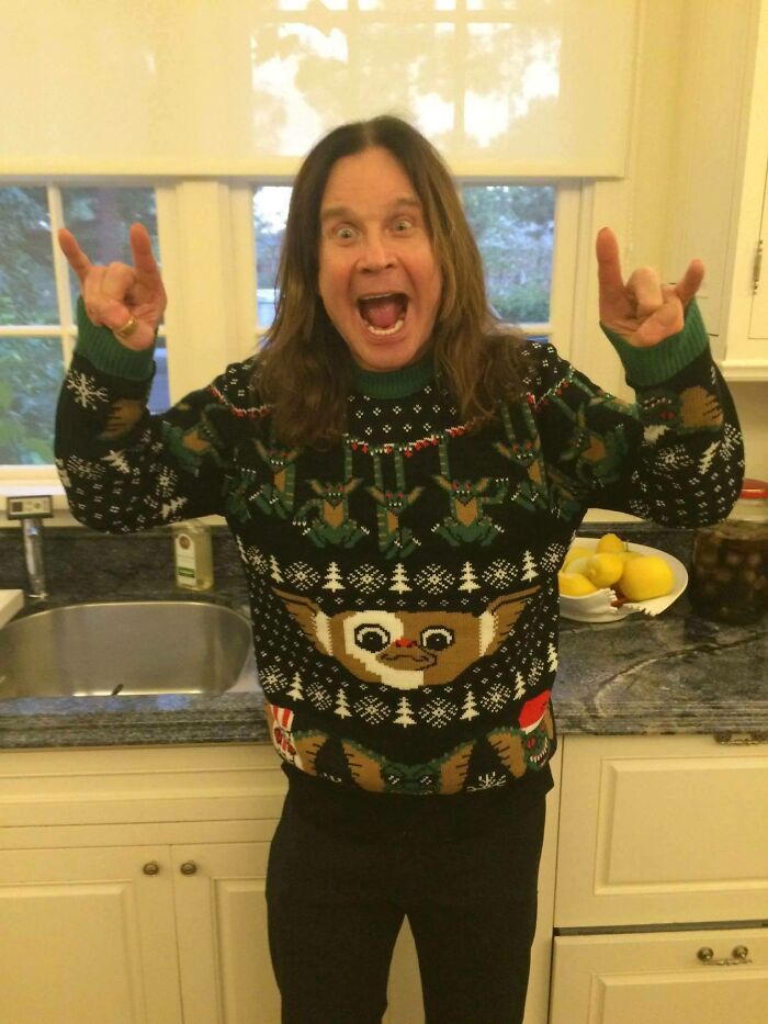 Ozzy Celebrating Christmas In A Gizmo Sweater
