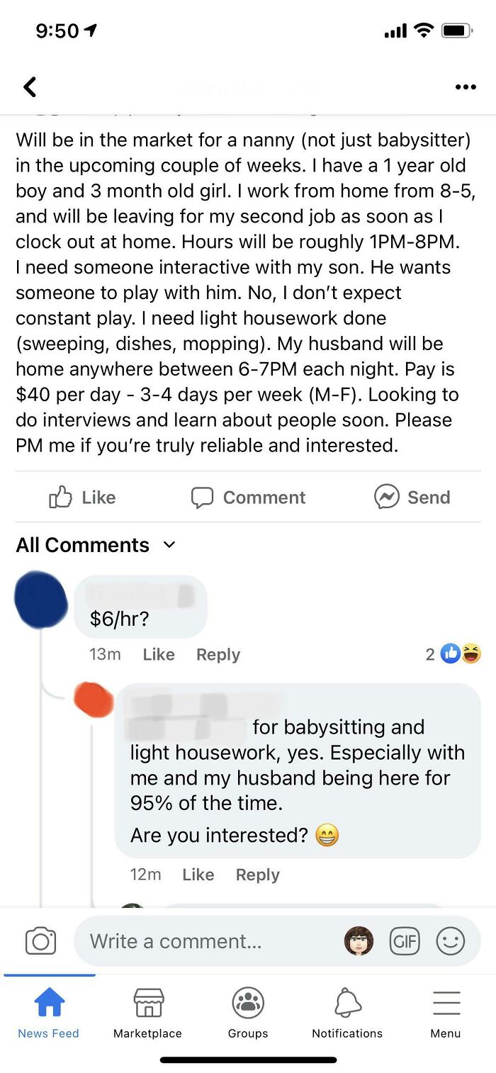 From My Town’s Facebook Page. She Wants A Babysitter For Two Infants To Come To Her Home And Clean For Less Than Minimum Wage??