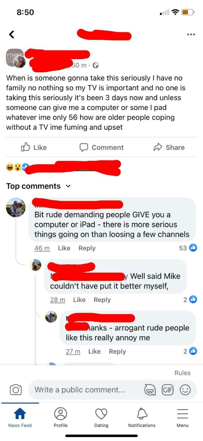 Someone Demanding A TV In My Towns Facebook Group And Is Upset No One Is Taking Her Seriously