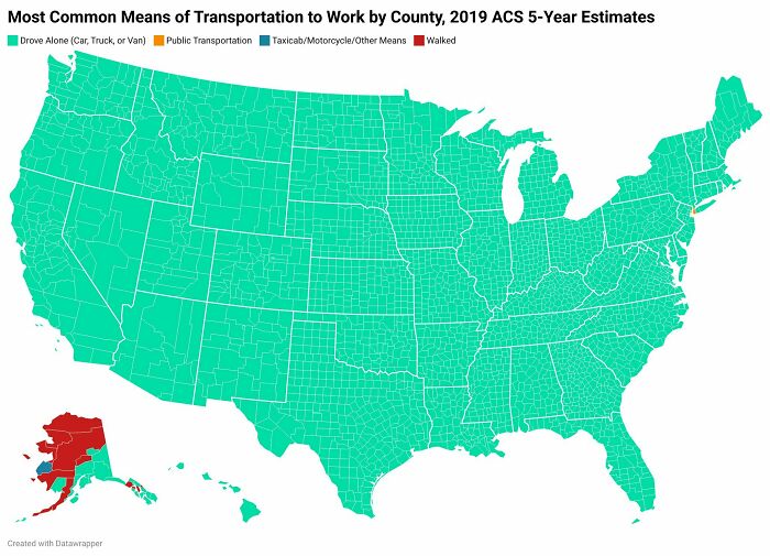 Most Common Means Of Transportation To Work By County. [usa] Acs Survey