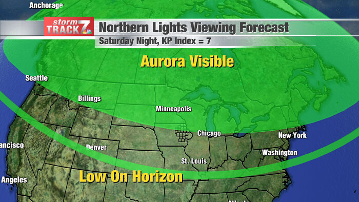 Tomorrow Night, We Will Have Aurora Borealis At This Time Of Year, At This Time Of Day, In This Part Of The Country, Localized Entirely Within The Area In Green On This Map. Whether You Can See It Depends On How Far North You Are As Well As Cloudiness