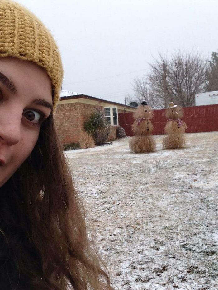 It Didn't Snow Enough For Snowmen Here In Texas, So My Friend Got Creative