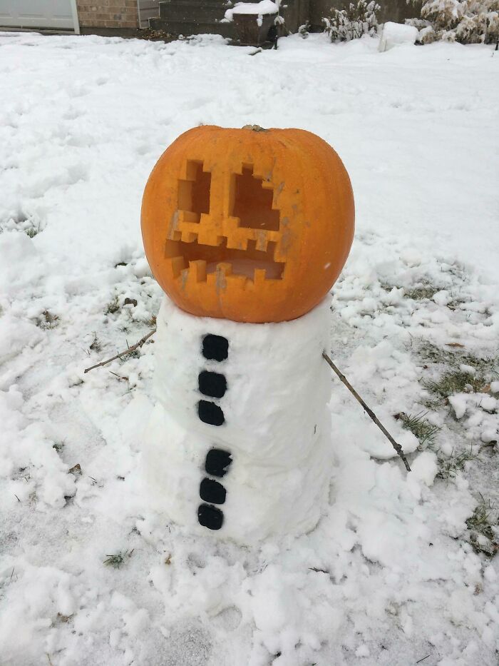 For Some God Forsaken Reason It Snowed In Utah Yesterday. My Friend Took He's Already Made Halloween Pumpkin And Built A Snow Golem
