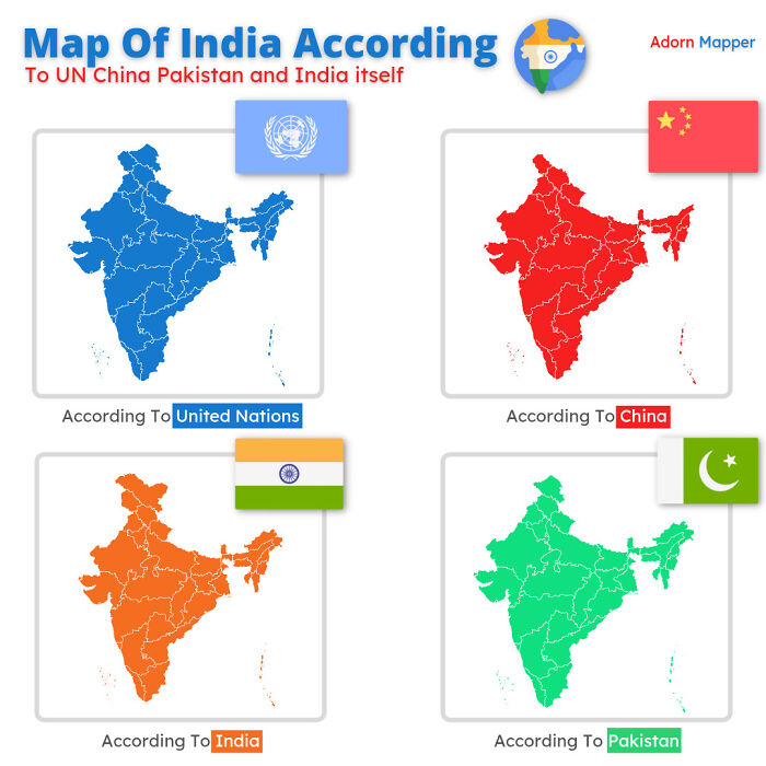 Map Of India According To (Un, Pakistan, China And India Itself)