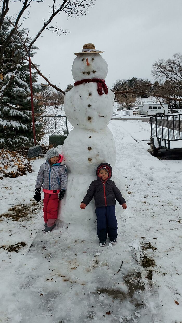 An Absolute Unit Of A Snowman I Built With My Kids. Estimated 8'3"
