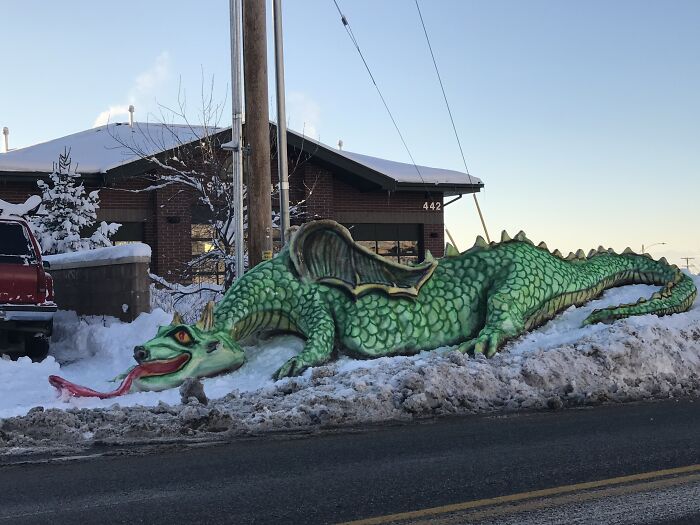 The Small Town Where I Commute For Work Has A Guy Who Builds Snow Sculptures For All To Enjoy As They Drive Past. He Really Outdid Himself With This Most Recent Storm