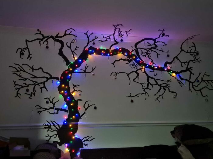 My Friend Painted A Tree On His Wall Earlier This Year And Has Decided To Decorate It As His Christmas Tree