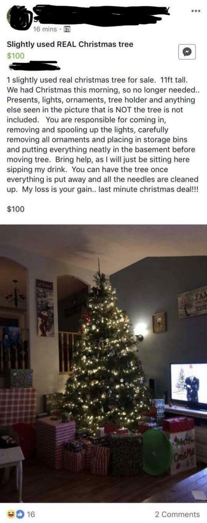 Pay Me $100 And I’ll Let You Take Down My Christmas Tree, Lights, And Ornaments While I Sit There Watching You, Sipping My Drink