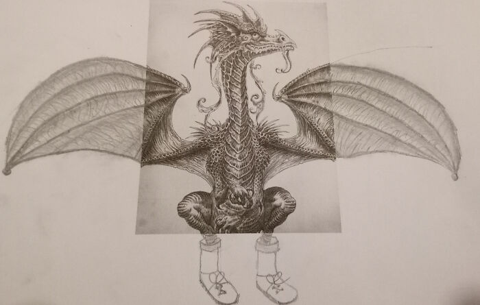 My Little Daughter Had To Draw The Wings And Feet Of The Dragon As Homework