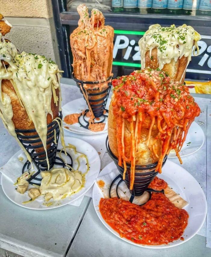 Pasta, Sauce, Bread. In A Wire Cone