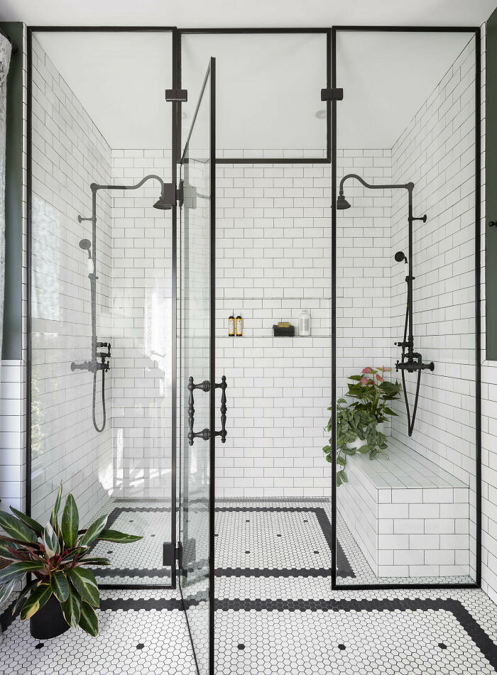 Walk-In Shower With Subway Tiles In A Remodeled 19th Century Greek Revival House, Seattle, Washington