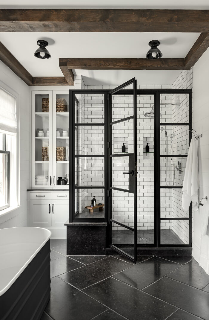 White Subway Tiled Shower With Black Framed Doors In A Modern Farmhouse, Hudson Valley, Upstate New York 