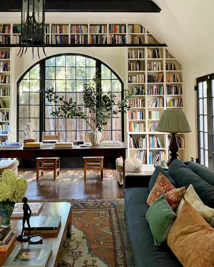 Vaulted Ceiling Living Room With Built-In Bookshelves In A Tudor Revival Home, Los Feliz, Los Angeles 