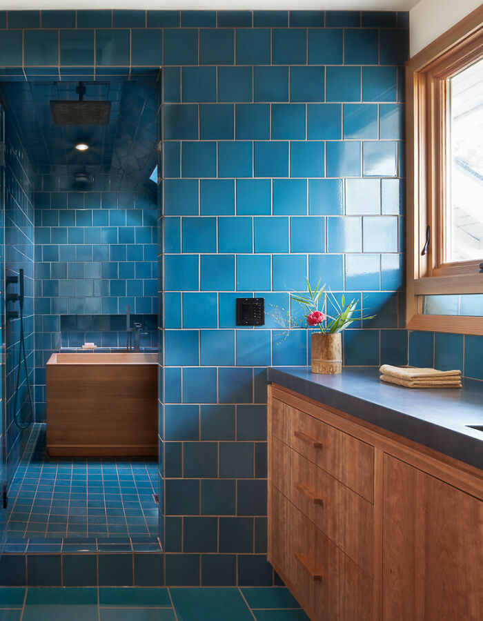 Blue-Tiled Bathroom And Shower With A Soaking Tub, North Portland, Portland, Oregon 