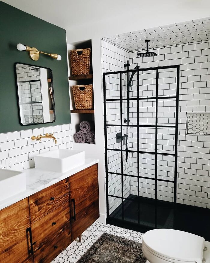 This Modern Bohemian White Tile Bathroom