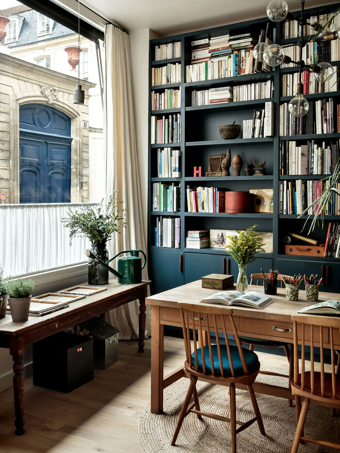 Home Library In A Former Office Space Within A 19th-Century Building Transformed Into An Apartment, Le Marais, Paris, France 