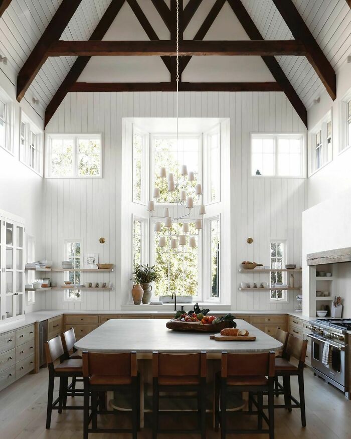Very Tall Kitchen Under A Vaulted Ceiling With Exposed Beams In A Renovated House Near Nashville, Tennessee