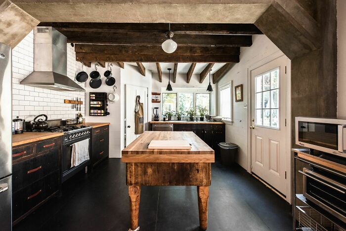 Kitchen With An Exposed Beam Ceiling In A Renovated 1850s Row House, Fishtown, Philadelphia, Pennsylvania