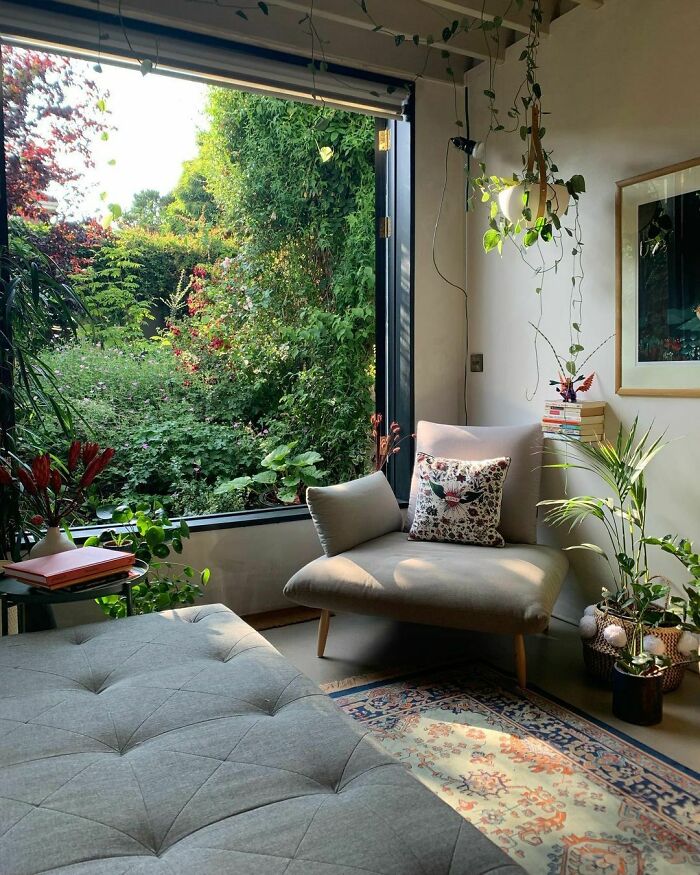 Seating By The Window Opening Up To A Lush Garden In A Renovated 19th Century Victorian Home, Dublin, Ireland 