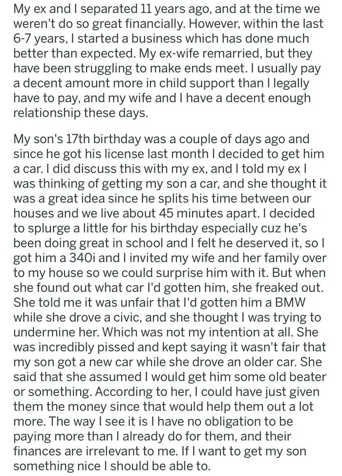 Op’s Ex Wife Doesn’t Want Son To Get A Better Car Then She Does