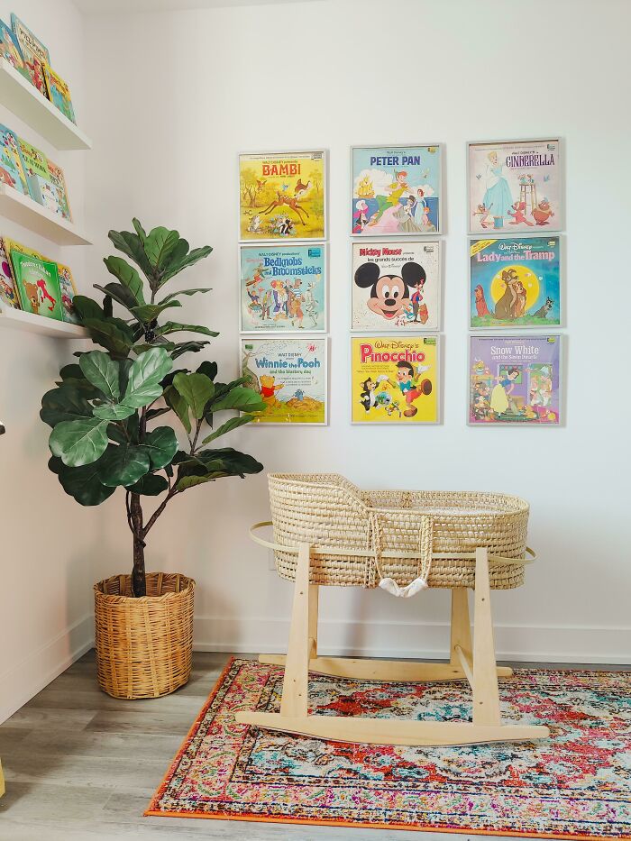 My Son's Vintage Disney Nursery - I Found These 70s Disney Vinyl Records From The Thriftshop And The Frames Are From IKEA.