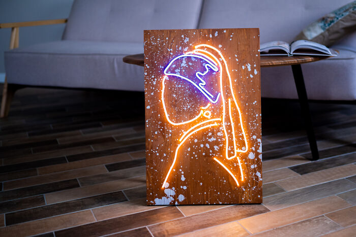 Girl With A Pearl Earbuds, Me, Wood And LED Neon, 2021 Artwork