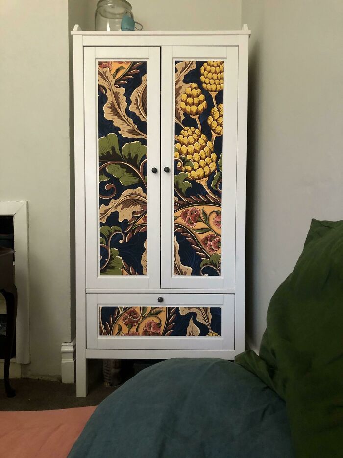 Just Moved House But Unable To Shop For Unique Items Due To Lockdown, So We Jazzed Up A Cheap IKEA Wardrobe With Wallpaper.