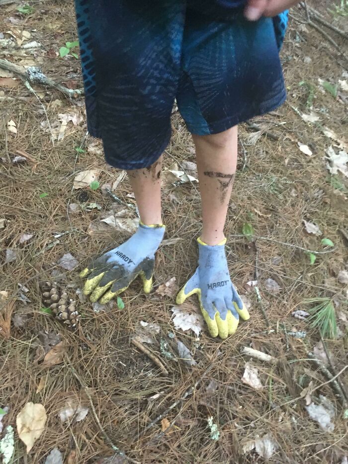 My Little Bother Wearing Gloves On His Feet When Walking In The Woods Because He Left His Shoes Inside