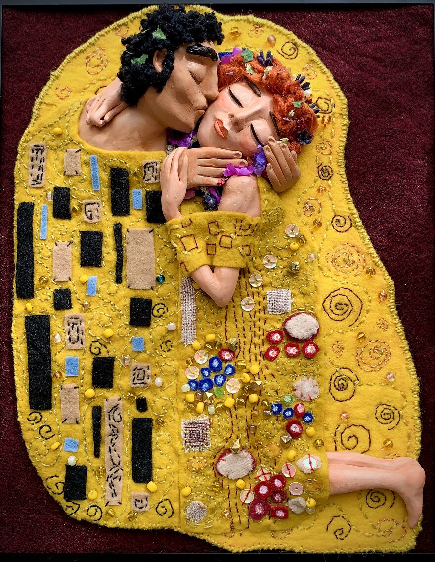 I Made Gustav Klimt's The Kiss Reproduction With Polymer Clay And Embroidery. I Made Gustav Klimt's The Kiss Reproduction With Polymer Clay And Embroidery.