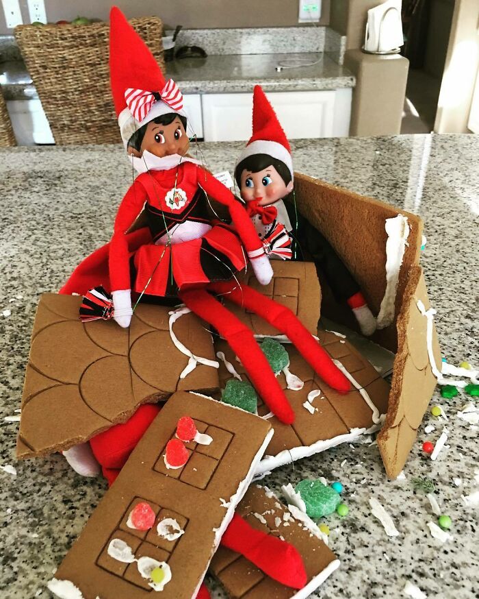 Elf On A Shelf Fail!! They Were Supposed To Be Sitting Around Nibbling On The Gingerbread House!! Warning: After A Couple Days Those Houses Aren't That Sturdy!! Think We Have An Elf Down, Somebody Call The Paramedics!!