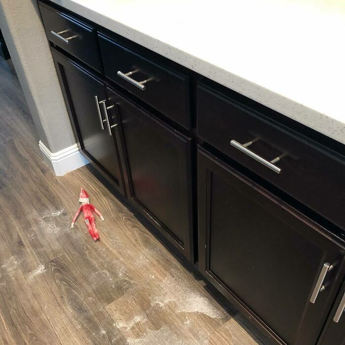 Finn Attacked Rudolf, Our Elf! He Was Laying On The Counter Making Snow Angels And Now He’s Head First On The Floor! Rudolf Now Has Flour Stuck To Him From Being Licked To Death By Finn
