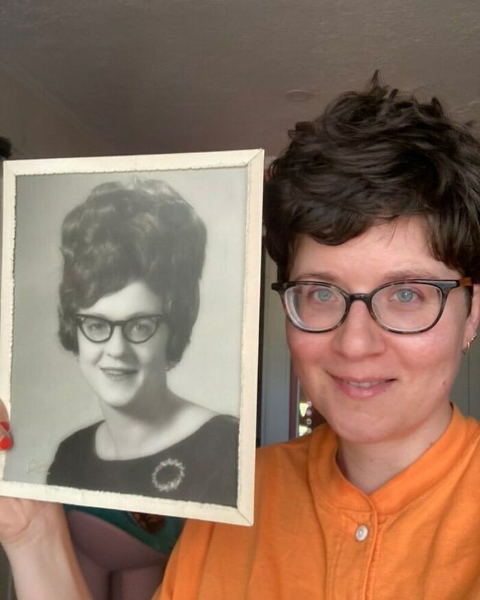 “Here’s A Picture Of Me With My Thrift Store Find - A Photograph Of An Unknown Woman Who Basically Looks Exactly Like Me With A Beehive.” As Found By @theonlylilyhudson #asfoundby