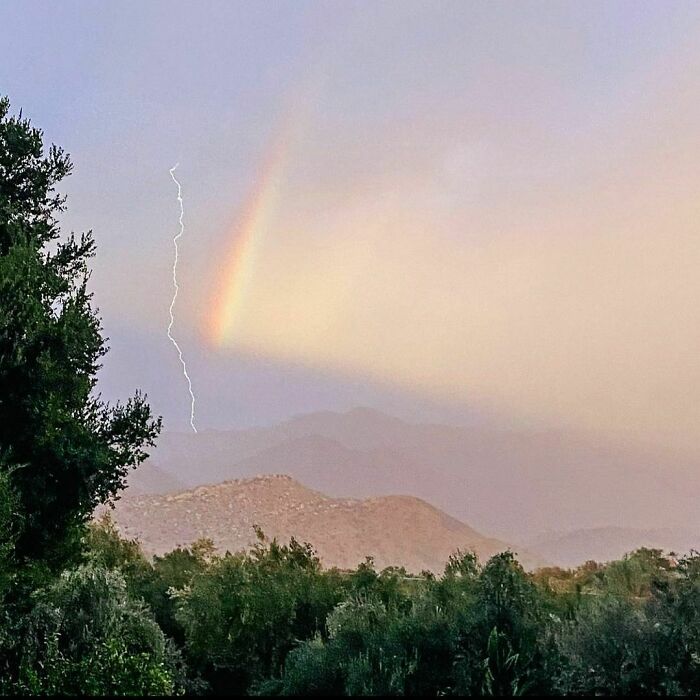 The Valley Of The Moon, Ojai, California With Lightening And A Rainbow Side By Side