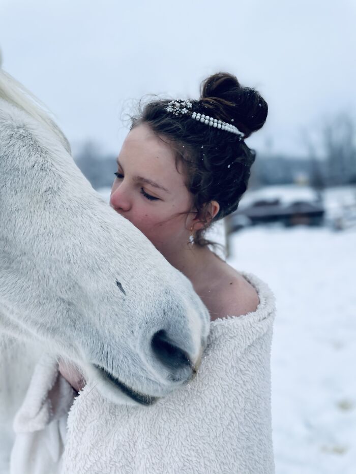 My Daughter Was Struggling With Depression Mid-Pandemic So I Dressed Her Up, Took Her Out Into The Snow, And Took Some Snow Princess Pictures With Her Sweet Mare.