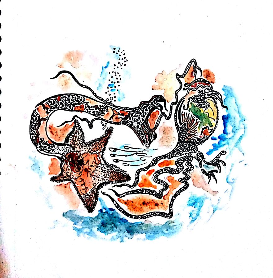 ####imaginative Play Of Terrestrial & Aquatic Life Form - Created Through Water Colour & Black Pen