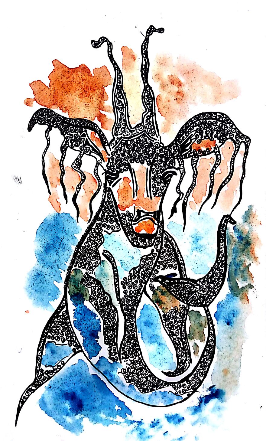 ####imaginative Play Of Terrestrial & Aquatic Life Form - Created Through Water Colour & Black Pen