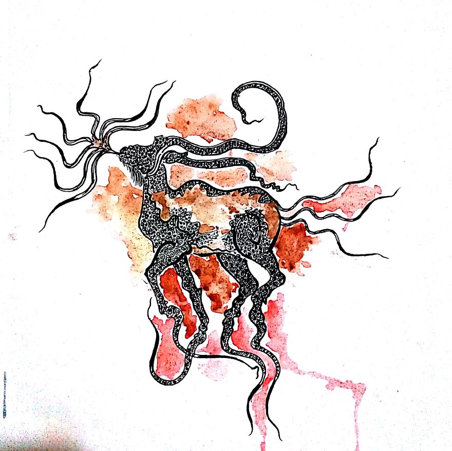 ####imaginative Play Of Terrestrial & Aquatic Life Form - Created Through Water Colour & Black Pen