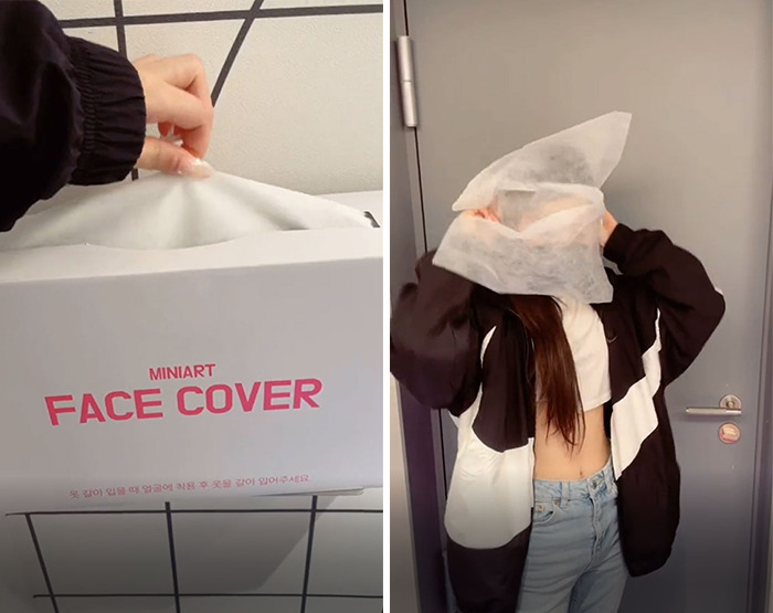 Fitting Rooms Have Facecovers To Put Over Your Head So That You Don't Get Makeup On Your Clothes