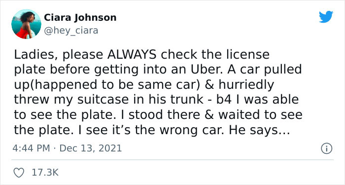 Woman Tweets Story Of How Checking An Uber Driver’s License Plate Saved Her From Possibly Being Trafficked