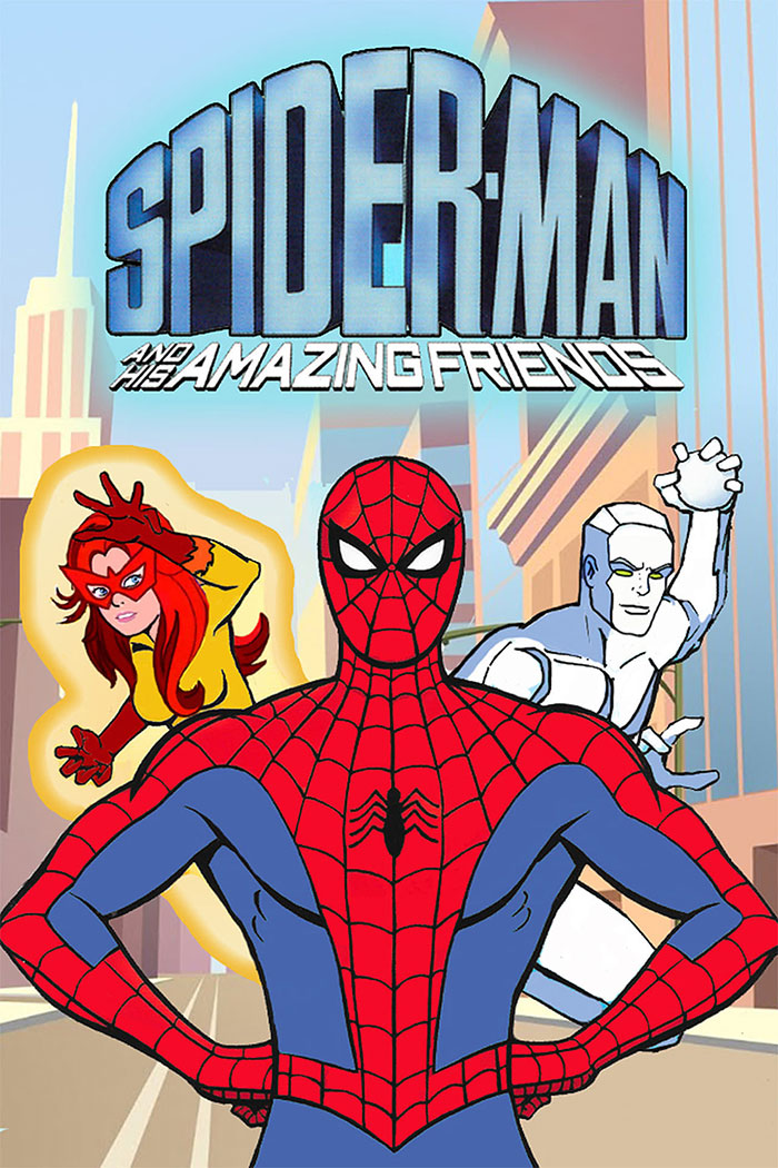 Spider-Man and his friends, Firestar and Iceman, in a colorful 1980s cartoon setting.