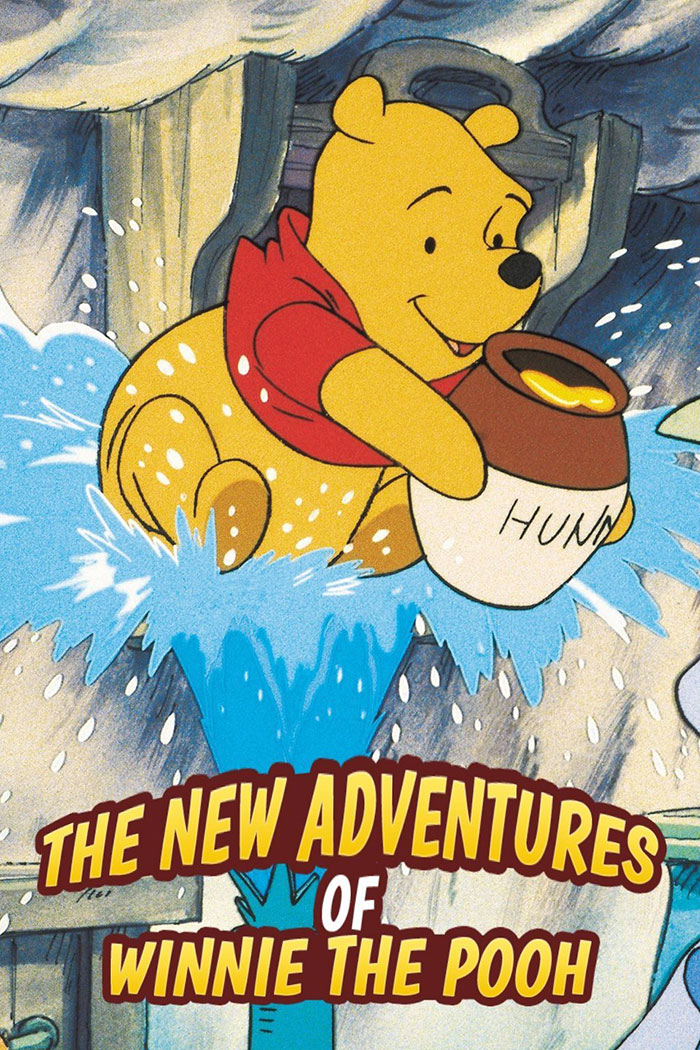 '80s cartoon Winnie the Pooh sliding on water with a honey pot, showcasing vibrant animation.