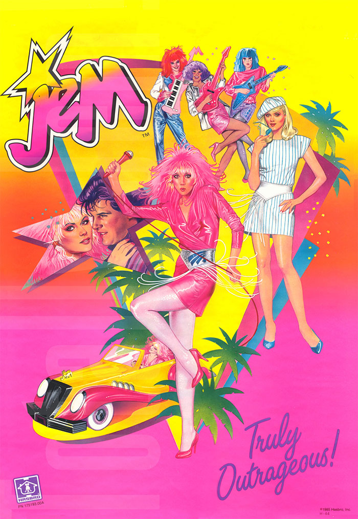 Colorful '80s cartoon artwork of "Jem," featuring vibrant characters in stylish outfits and a retro car, with a tropical background.