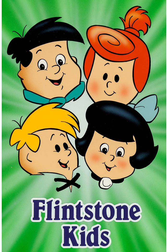 Flintstone Kids characters smiling on green background representing popular 80s cartoons for kids and families.