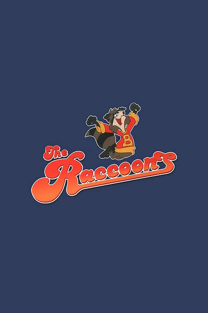 Logo of 'The Raccoons' from the '80s, featuring Bert Raccoon in a colorful design on a dark blue background.