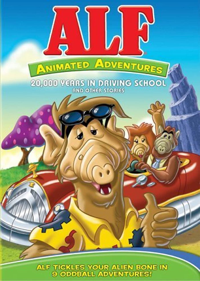 ALF character giving thumbs up with friends in a colorful 80s cartoons animated scene and vintage car background